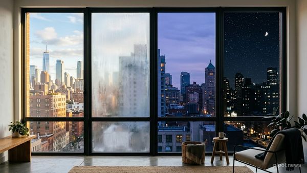 Ventana conceptual de cuatro paneles de vidrio iluminados con luces cálidas y frías representando los cuadrantes del autoconocimiento de Johari