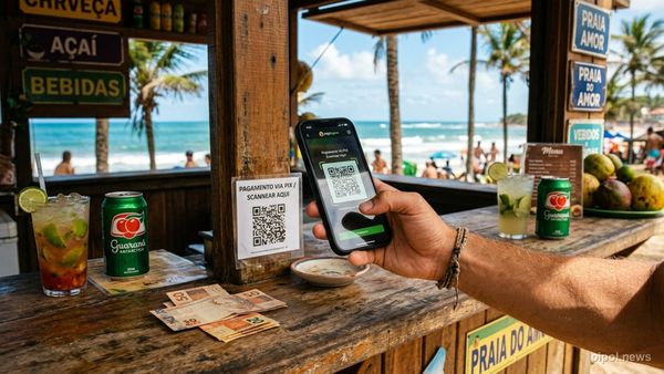 Turista escaneando un código QR con su teléfono móvil para pagar con Pix en un parador costero frente a la playa en Brasil