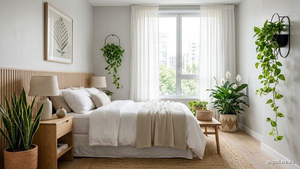 Dormitorio luminoso de estilo nórdico decorado con plantas purificadoras de aire como sansevieria, potus colgante y lirio de paz
