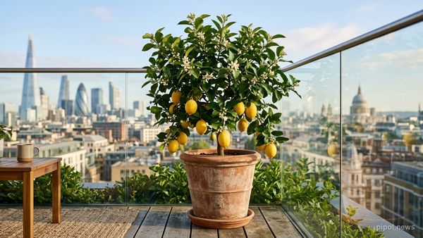 Limonero enano en maceta de terracota en un balcón urbano soleado cargado de flores de azahar y limones maduros