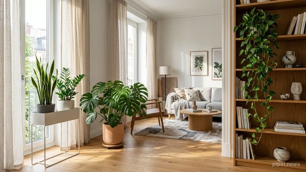Salón luminoso de departamento urbano con plantas de interior saludables como monstera, potus y sansevieria