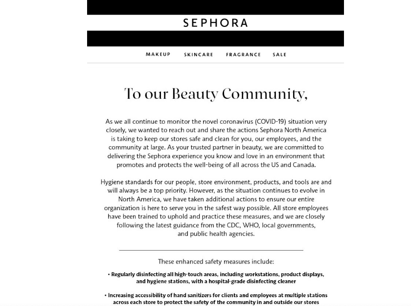 Sephora's announcement regarding corona virus