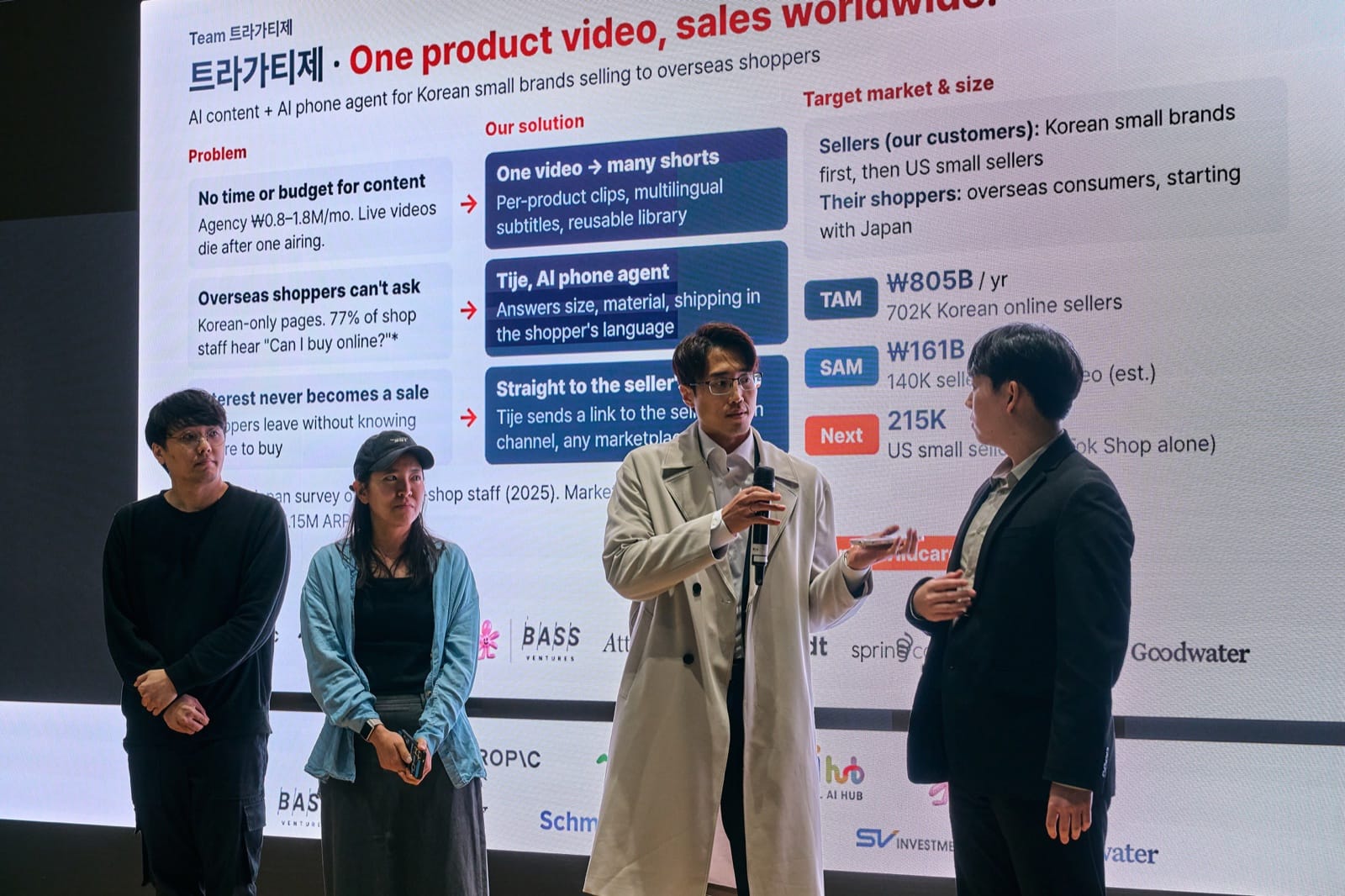 Team Tragatize on stage in front of their slide, “One product video, sales worldwide,” one member speaking