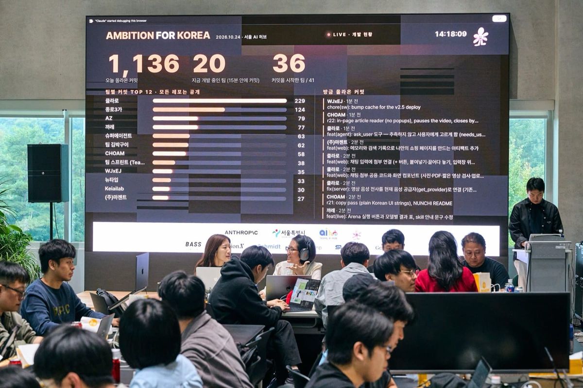 Hackathon participants working on laptops beneath an LED wall showing live commit counts and the latest commits