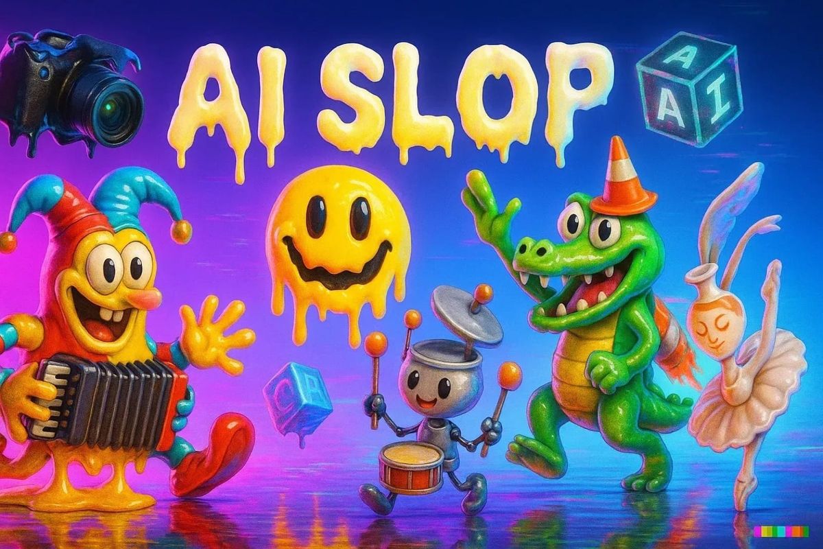 “AI SLOP” 글자와 녹아내리는 캐릭터들이 그려진 일러스트