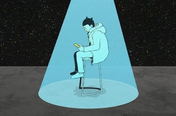 Illustration of a person sitting alone on a stool under a spotlight, looking at a phone against a starfield