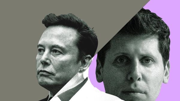 Black-and-white photos of Elon Musk and Sam Altman