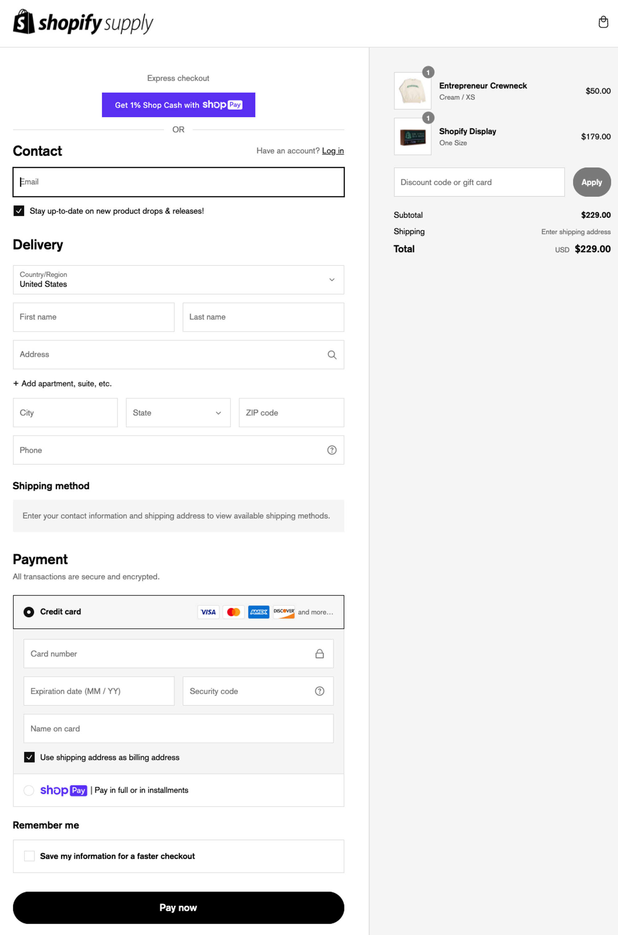 Official Shopify Supply store one-page checkout
