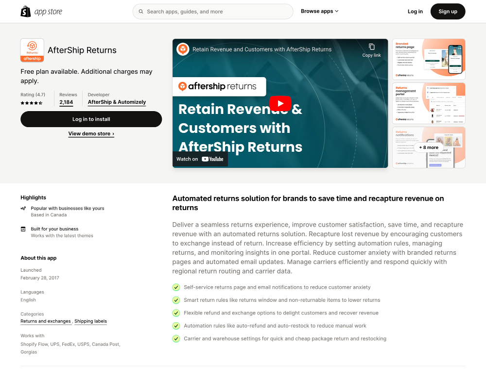Screenshot of Shopify App Store and a returns solution
