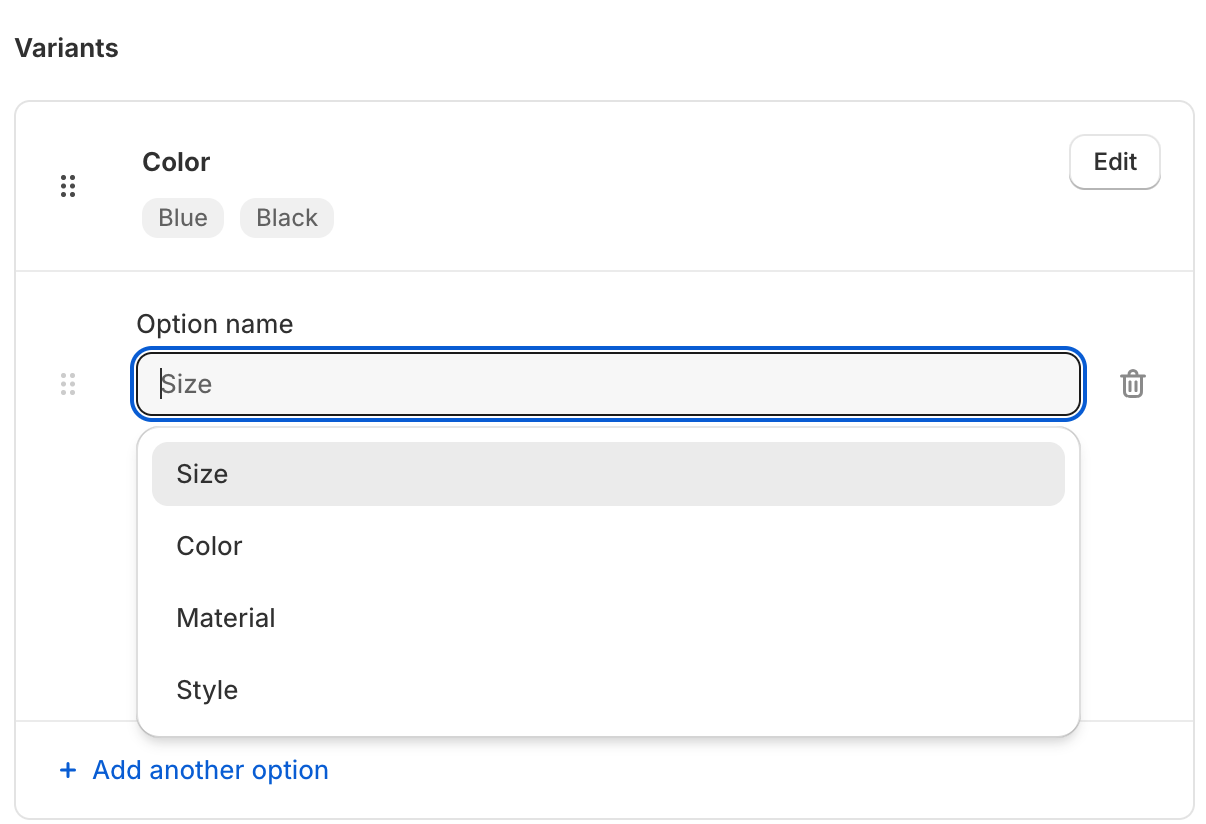Shopify variant selection is limited to four options.