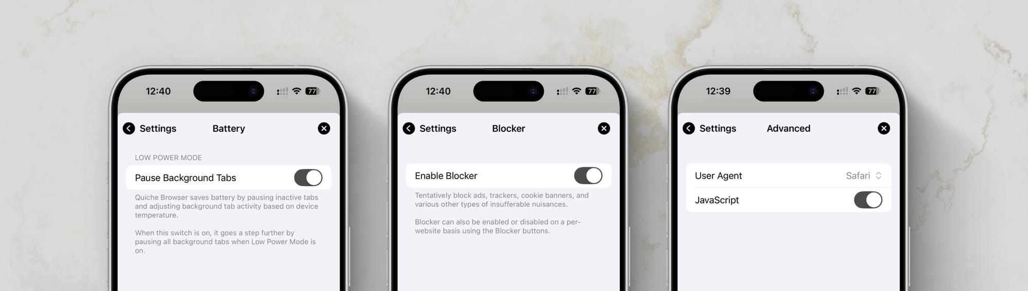 Screenshots of various settings in the Quiche Browser