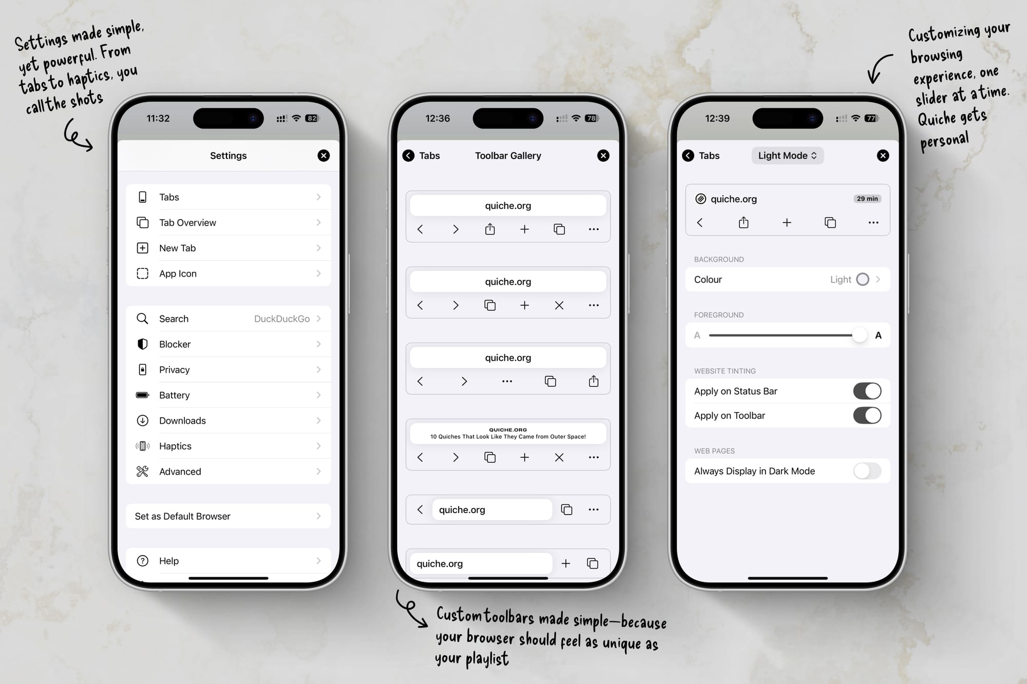 Screenshots of various settings in the Quiche Browser