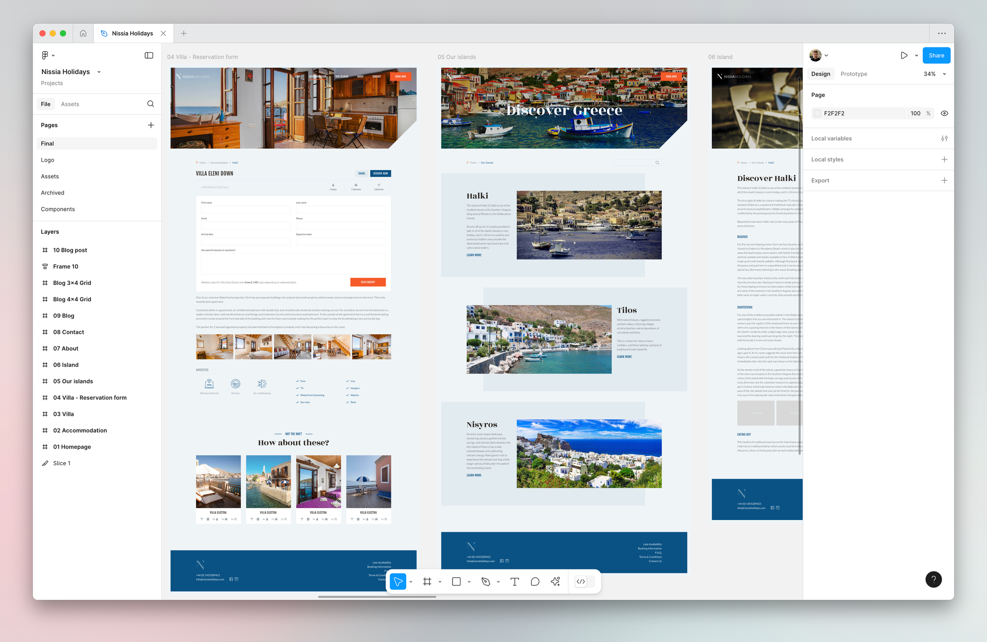 Figma design file of Nissia Holidays website showing villa reservation form