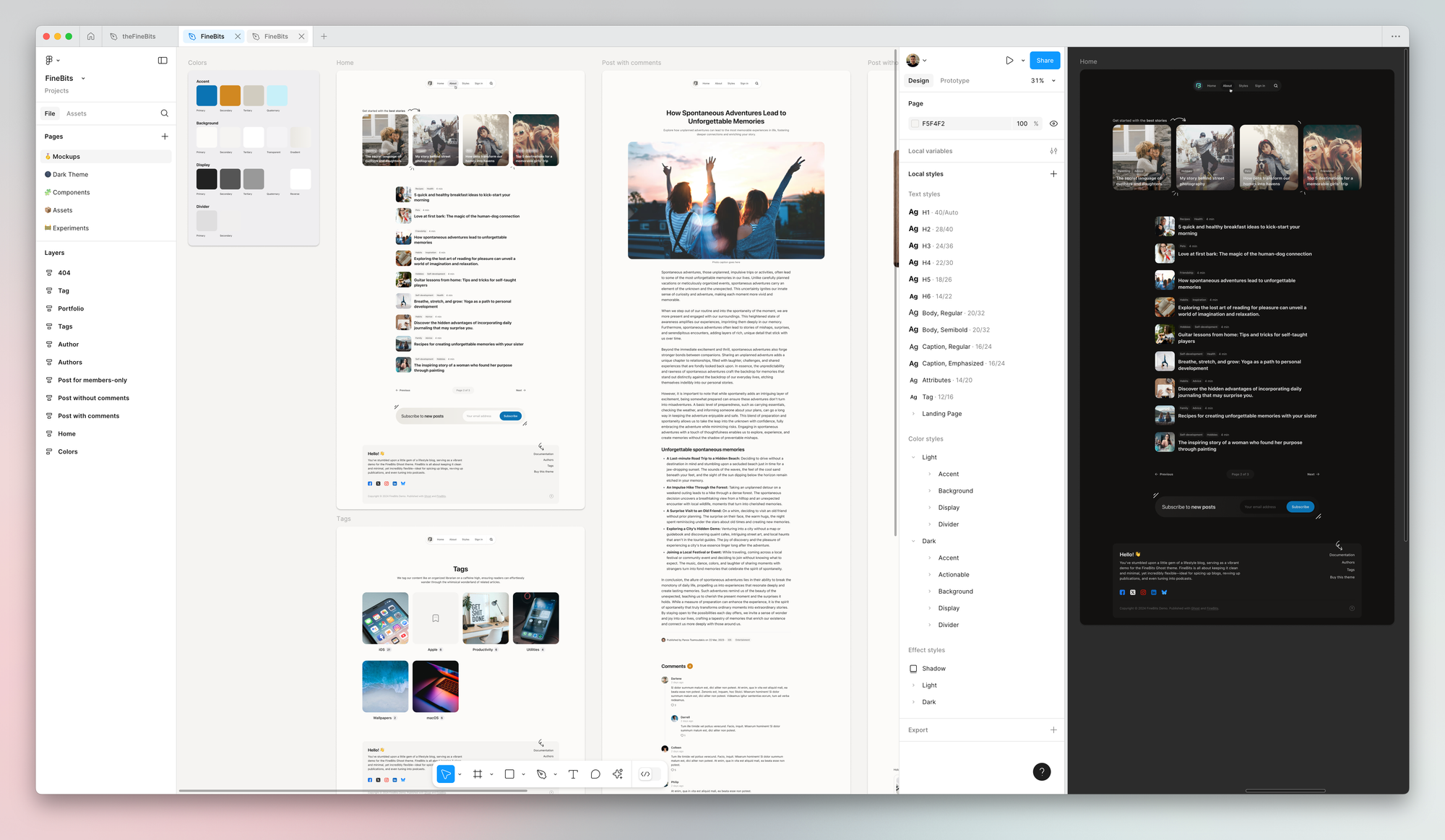 Figma design file showcasing the FineBits Ghost theme with light and dark mode layouts