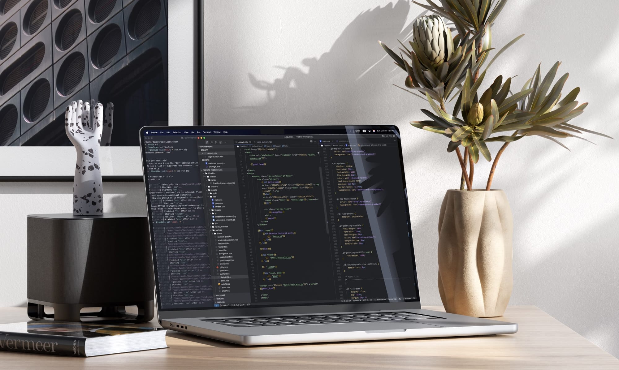 Minimalist workspace with a MacBook running VS Code blending code and calm design