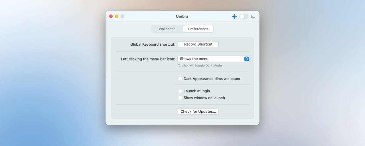 Screenshot of Umbra app preferences window on macOS