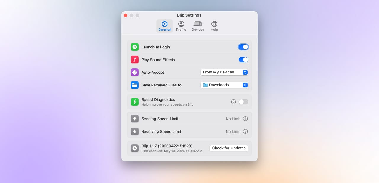 Screenshot of Blip app settings window showing General preferences.
