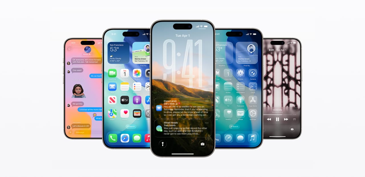 Five iPhones showing off iOS 26’s Liquid Glass design