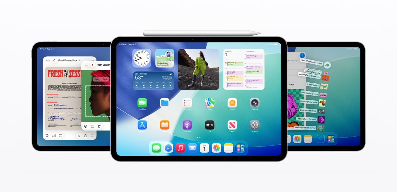 Three iPads running iPadOS 26 highlighting advanced multitasking, updated Files app, and widgets