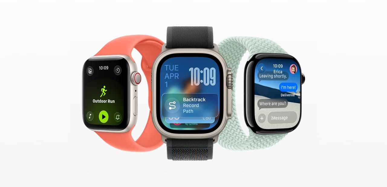 Three Apple Watches running watchOS 26