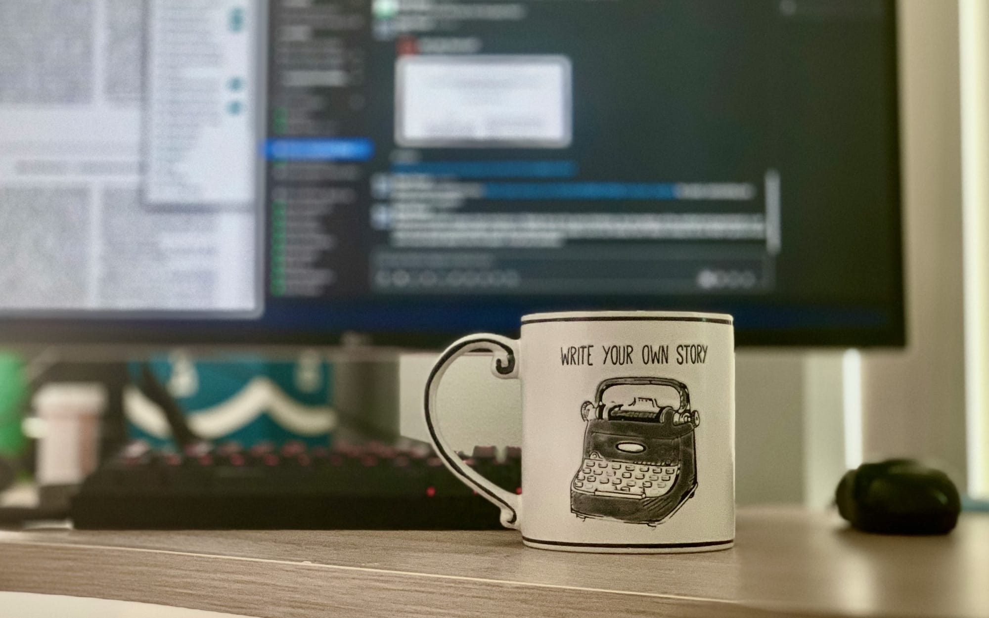 A coffee mug with 'Write your own story' printed on it, in front of a glowing computer screen in a home office setup.