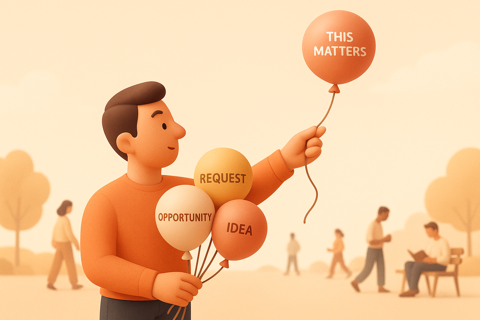 Man letting go of balloon prioritizing what matters over tasks and distractions