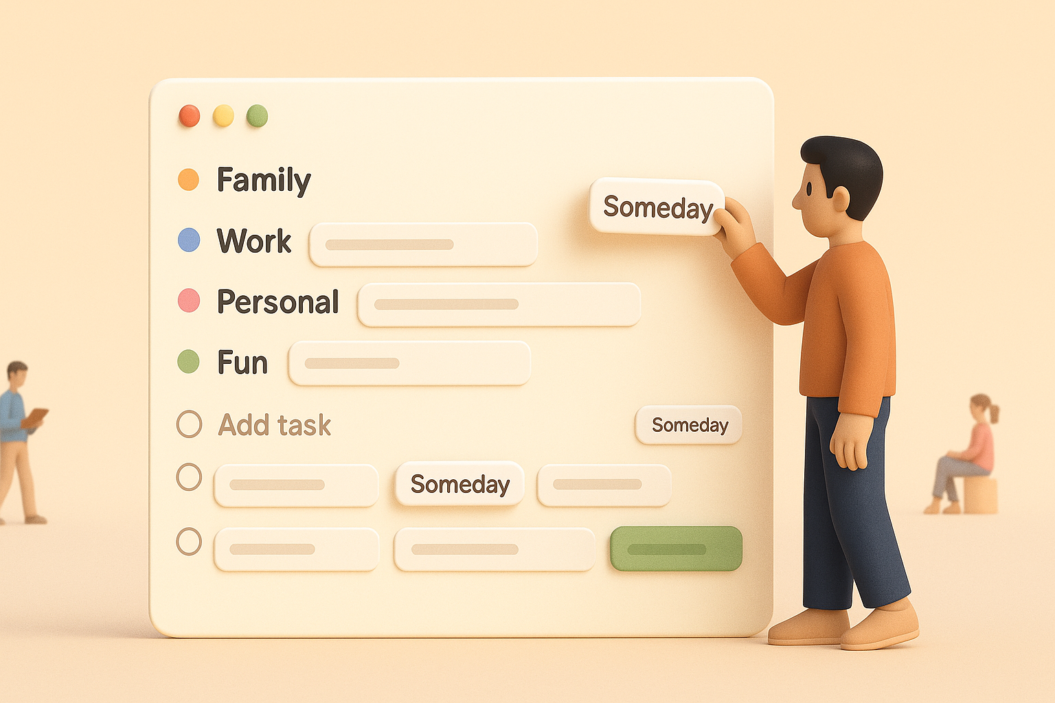 Man organizing tasks by project with someday labels in a task management app interface