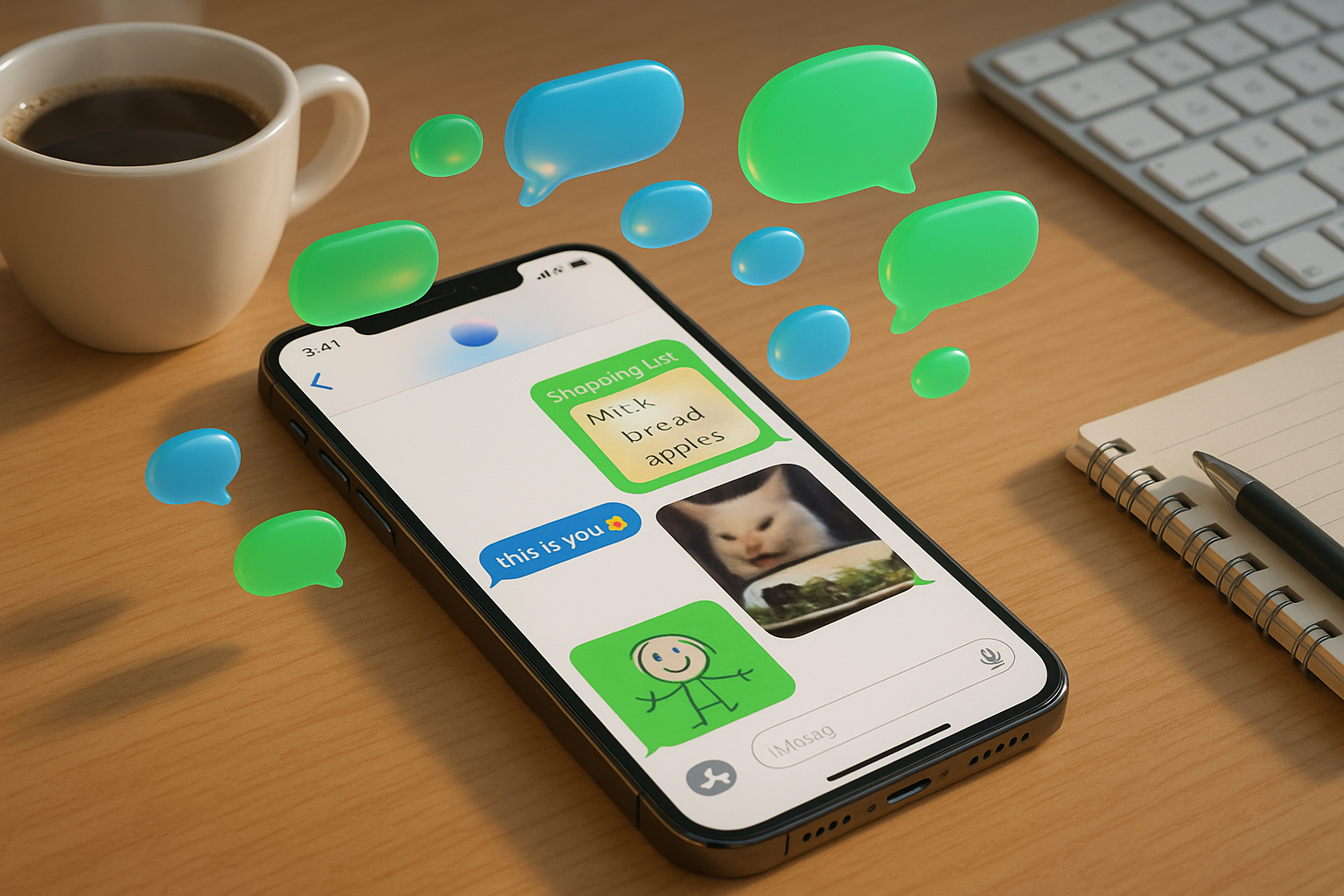iPhone on desk with Messages app and floating chat bubbles