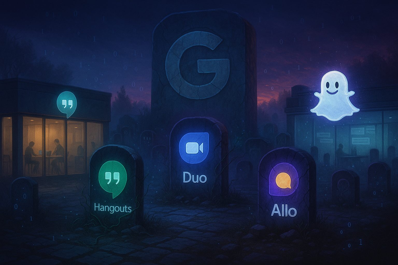Digital graveyard of Google messaging apps with looming Google monolith and Snapchat ghost