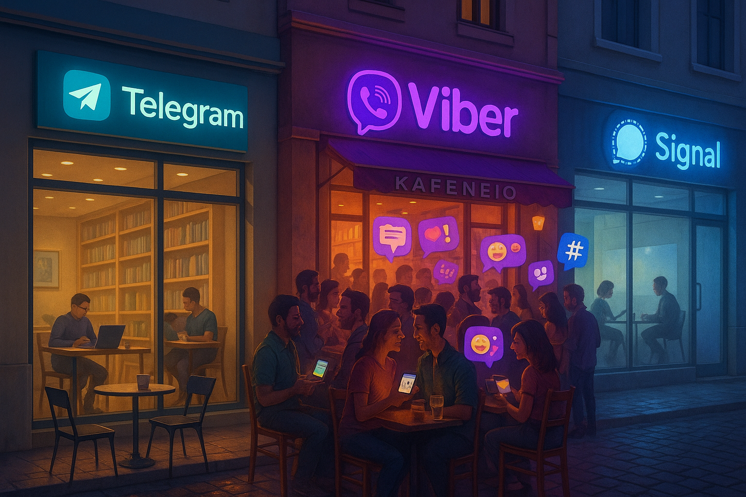 European street with Telegram, Viber, and Signal cafés