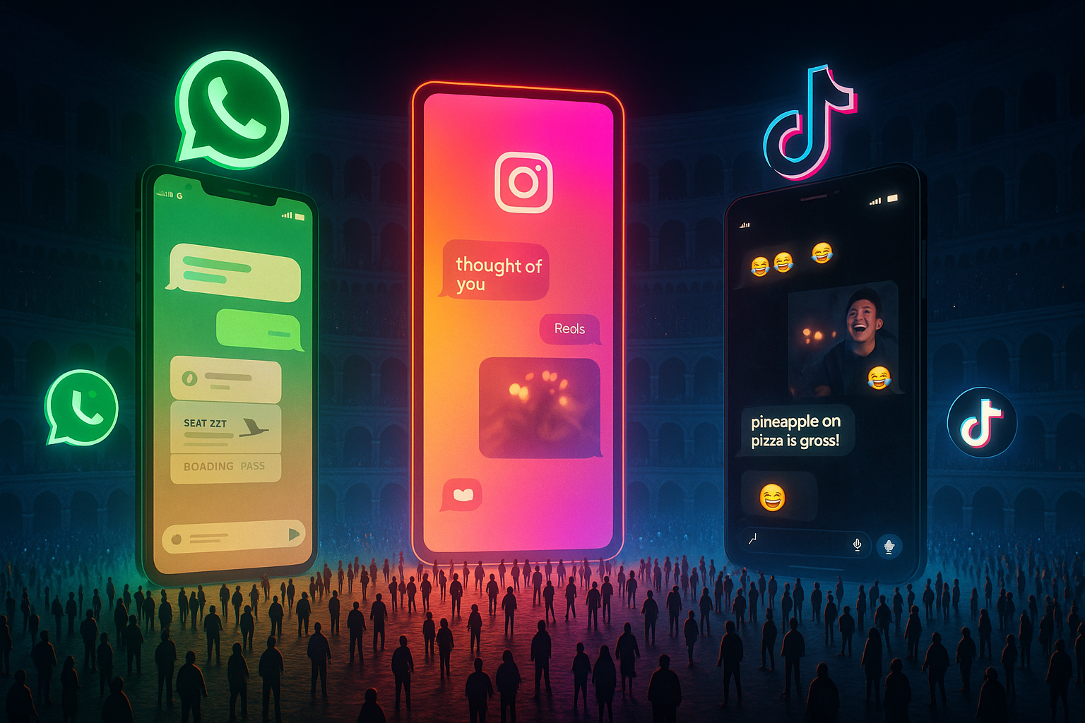 Neon digital colosseum with WhatsApp, Instagram, and TikTok holograms