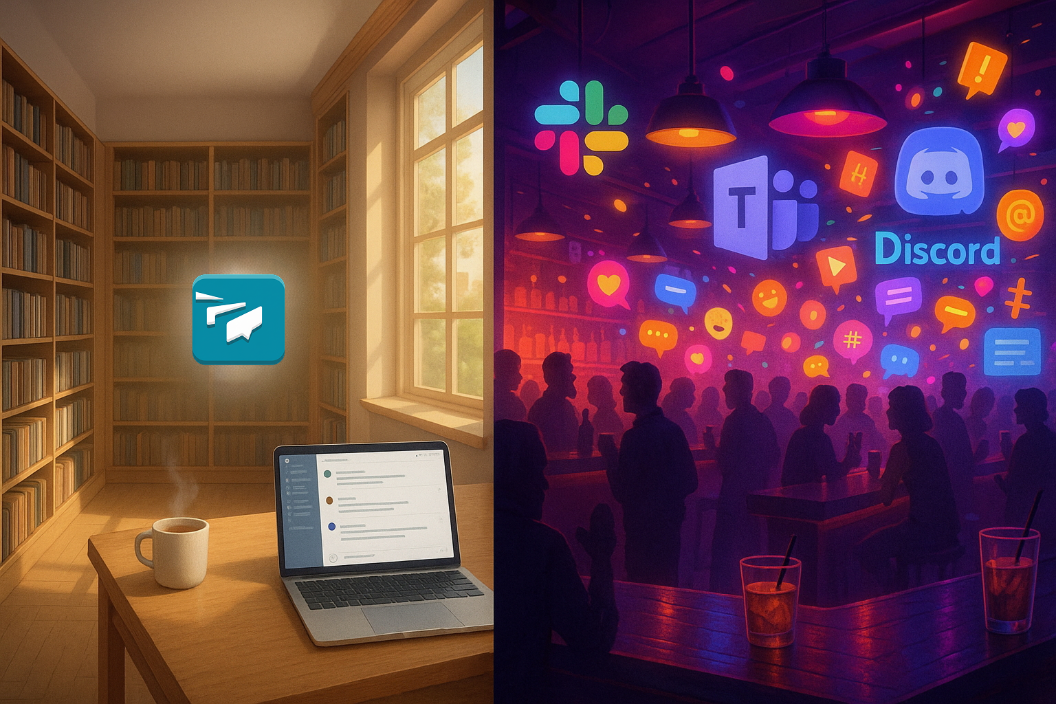 Library focus with Twist vs noisy bar of Slack, Teams, and Discord