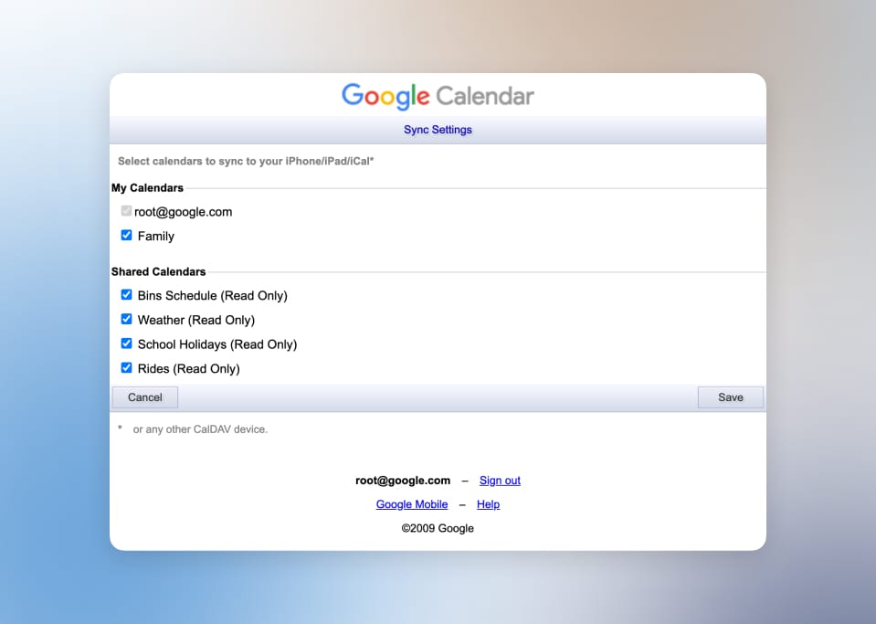 creenshot of Google Calendar Sync Settings page showing options to sync personal and shared calendars