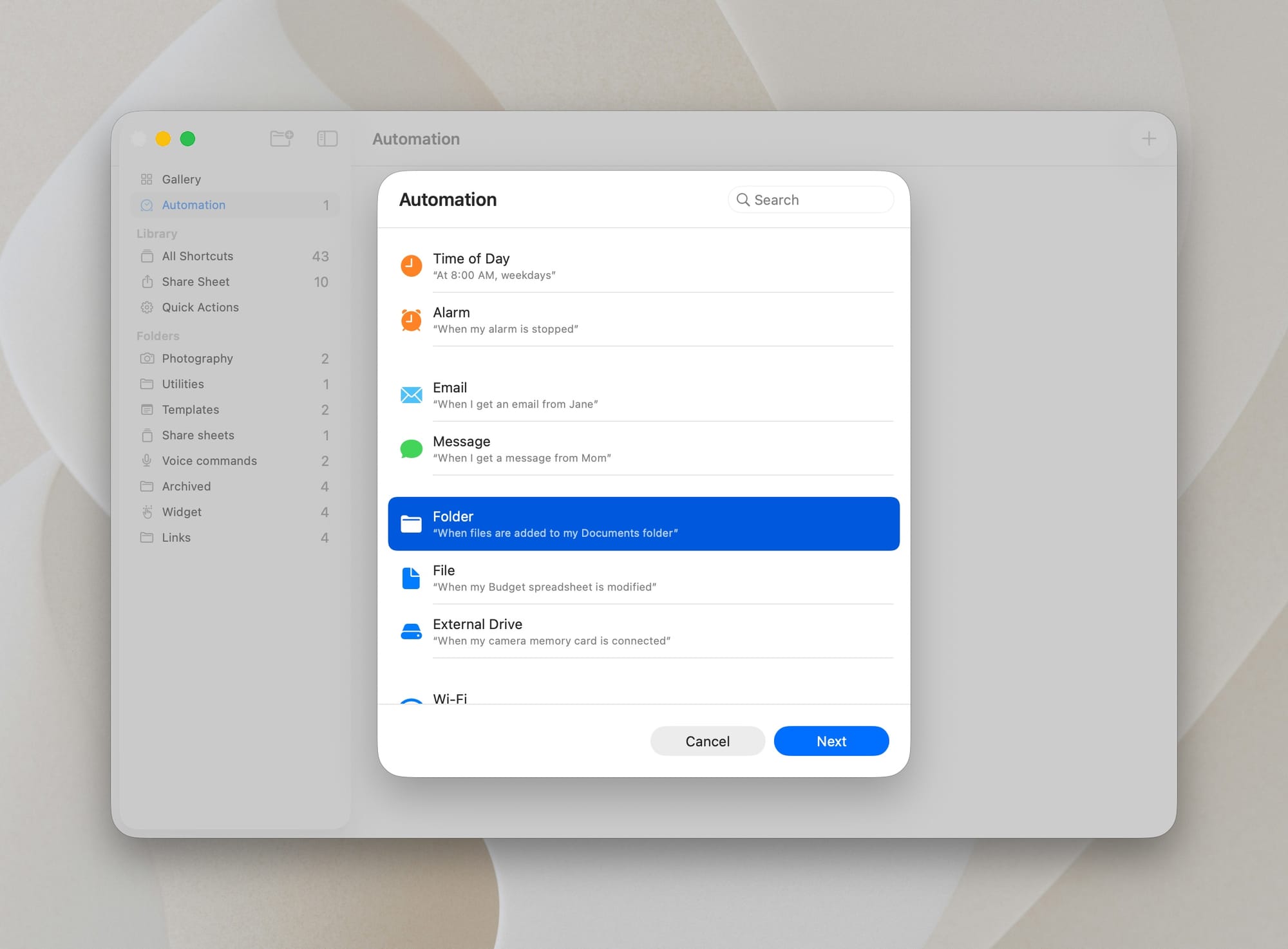 macOS shortcuts automation folder trigger screen