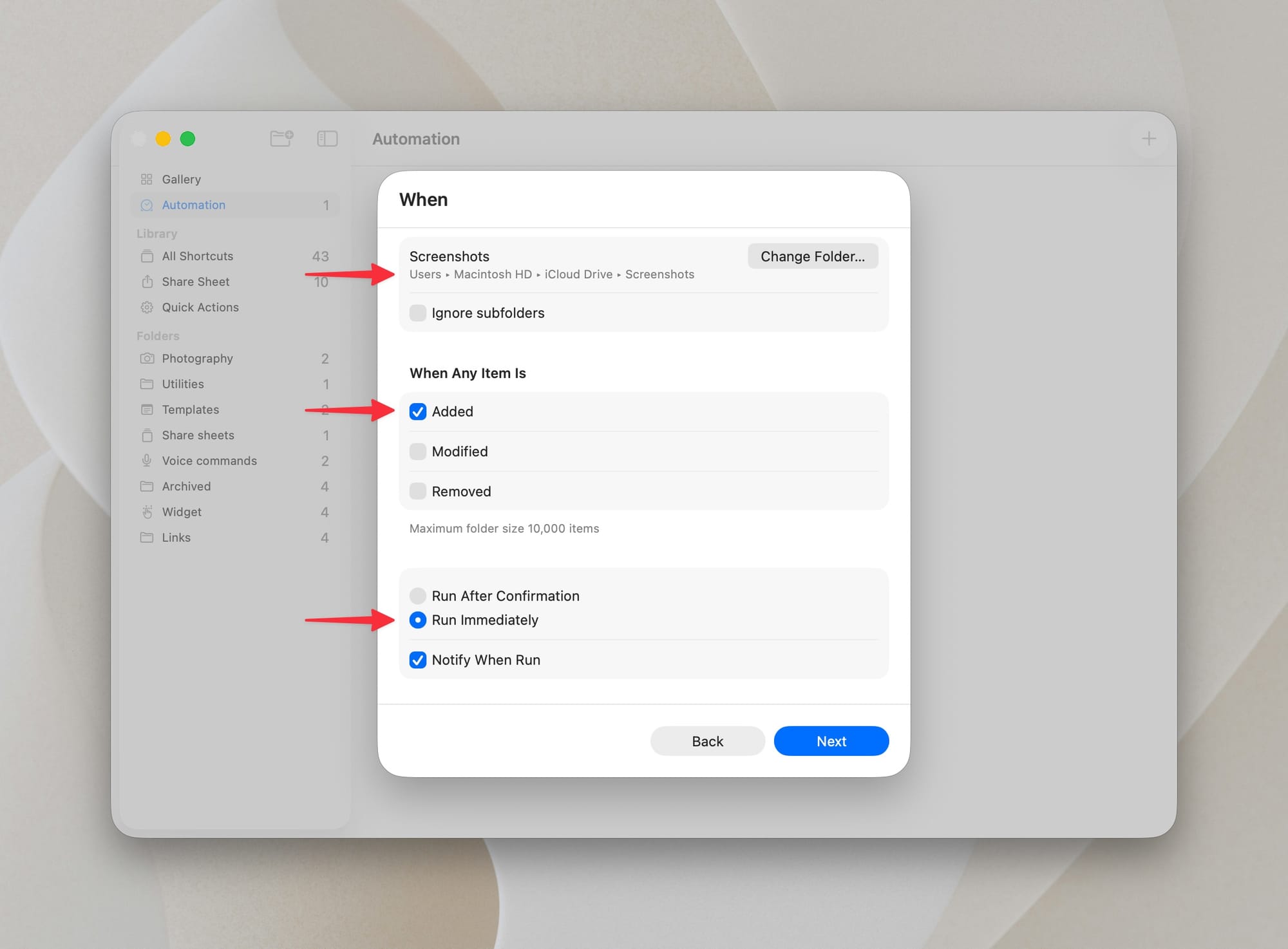 macOS shortcuts folder automation settings screen