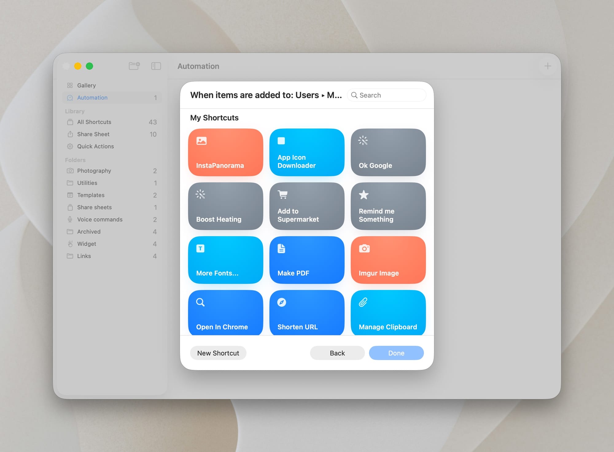 macOS shortcuts choose action screen for folder automation