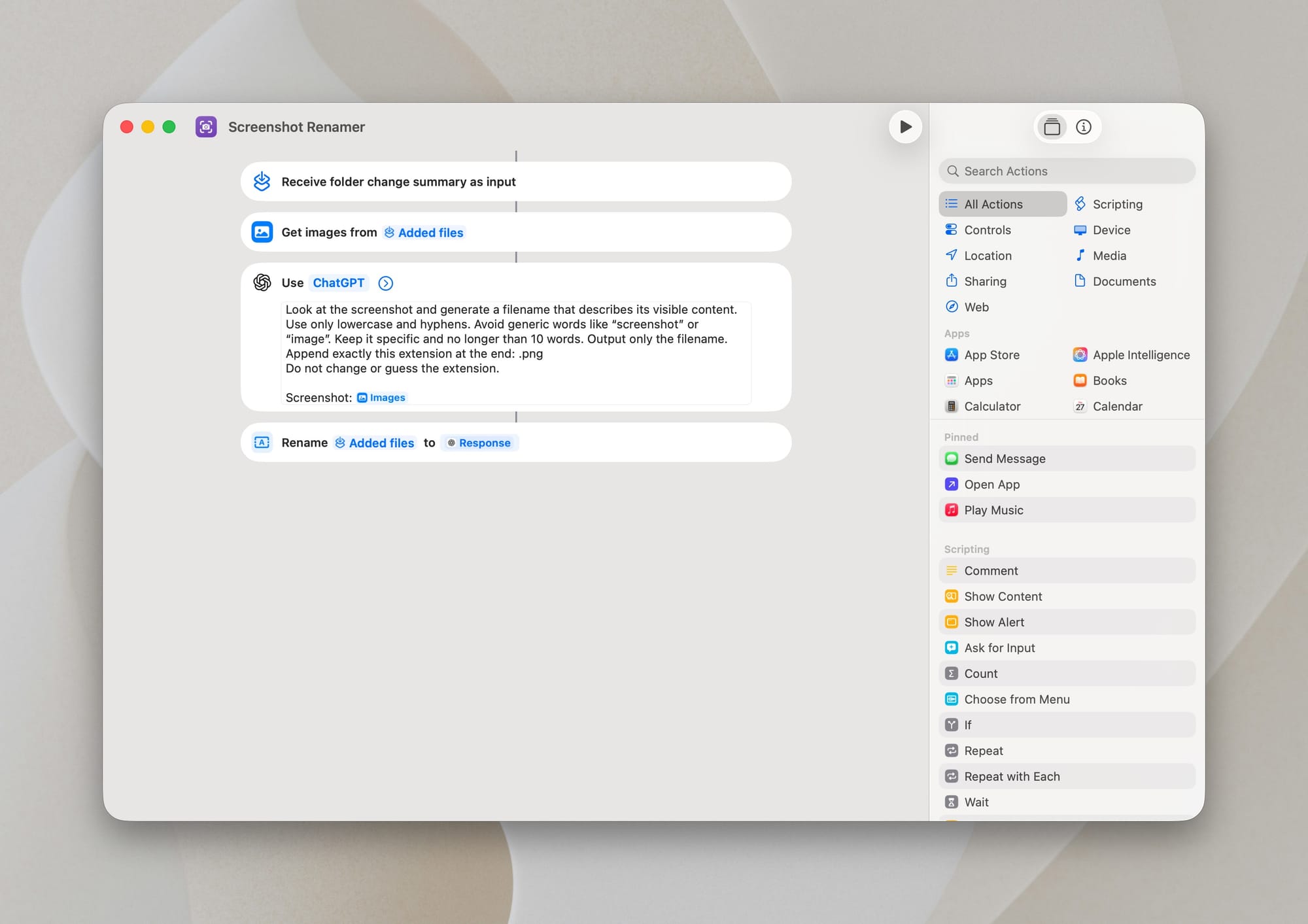 macOS shortcuts final workflow for automatic screenshot renaming