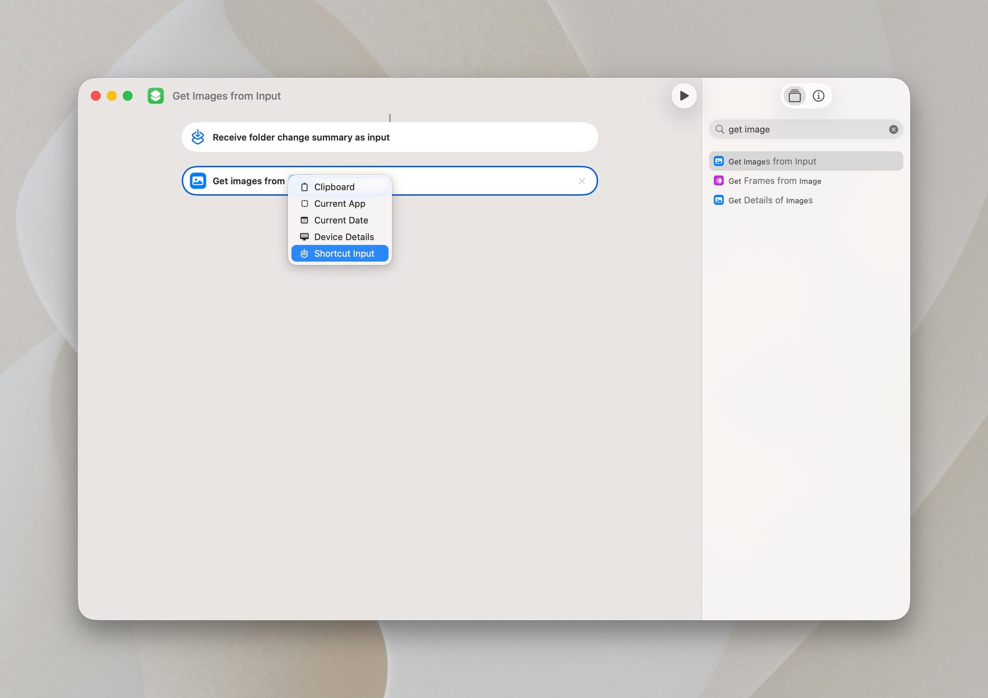 macOS shortcuts get images from shortcut input menu