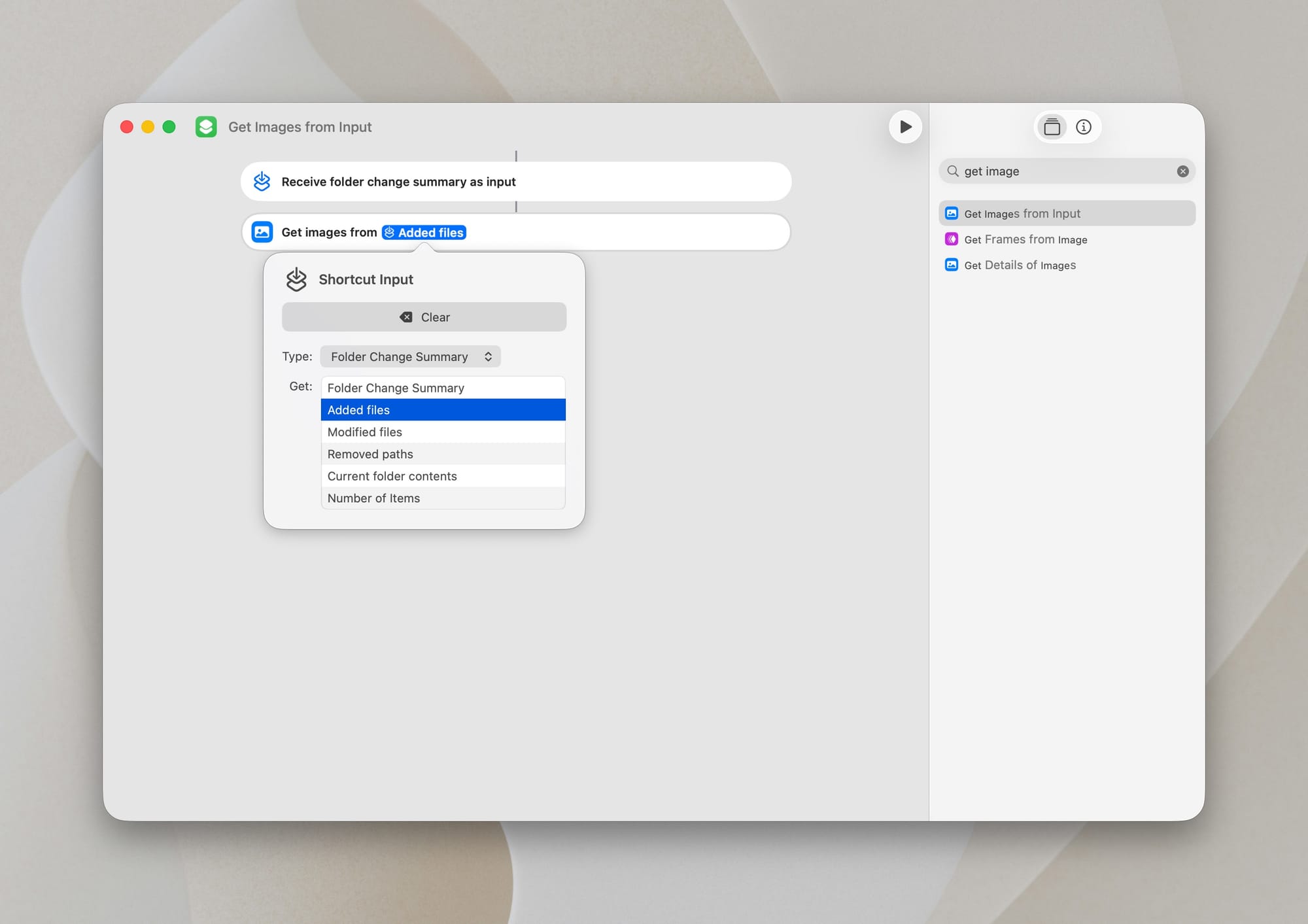macOS shortcuts select added files from folder change summary