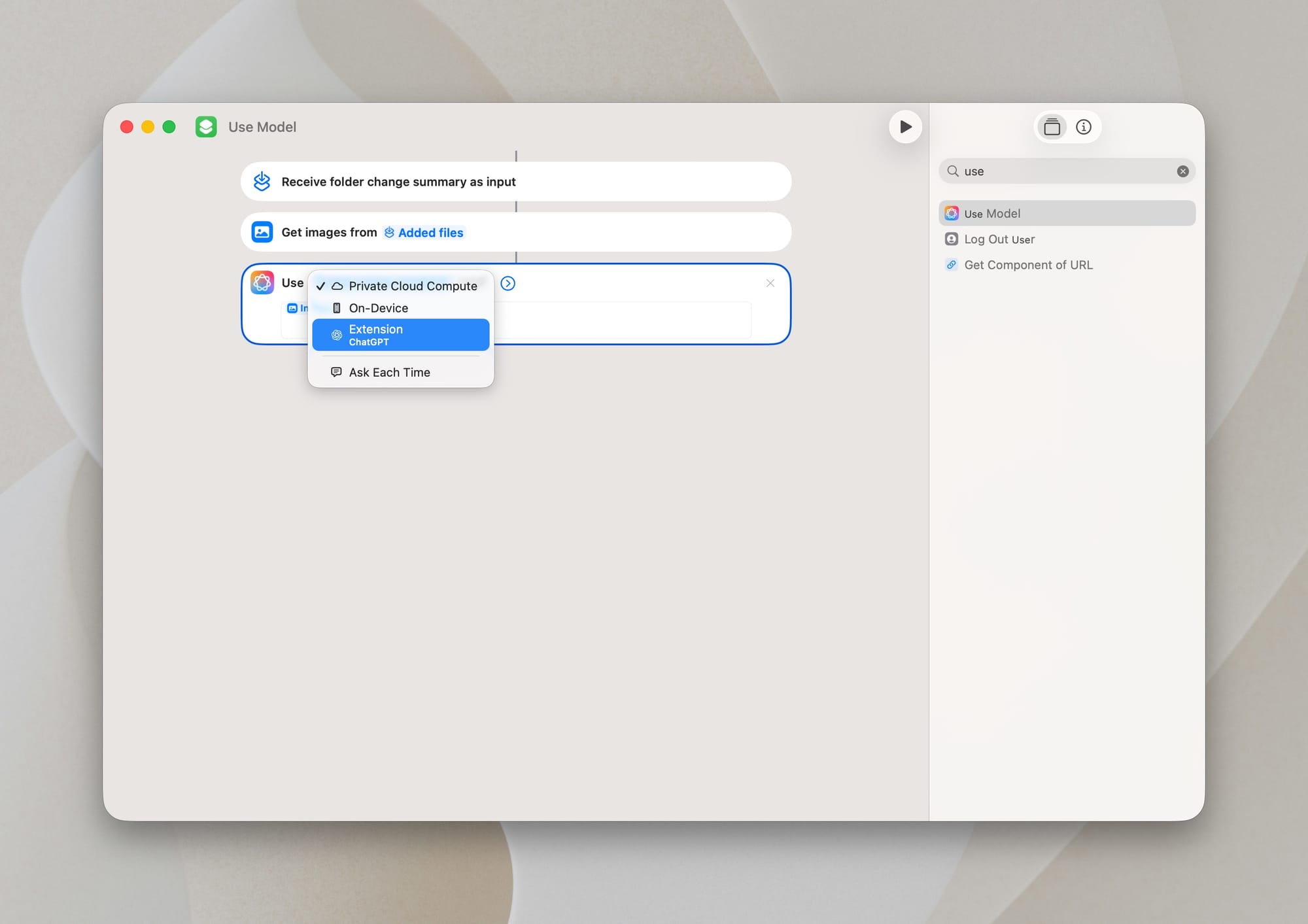 macOS shortcuts use model action with ChatGPT extension selected