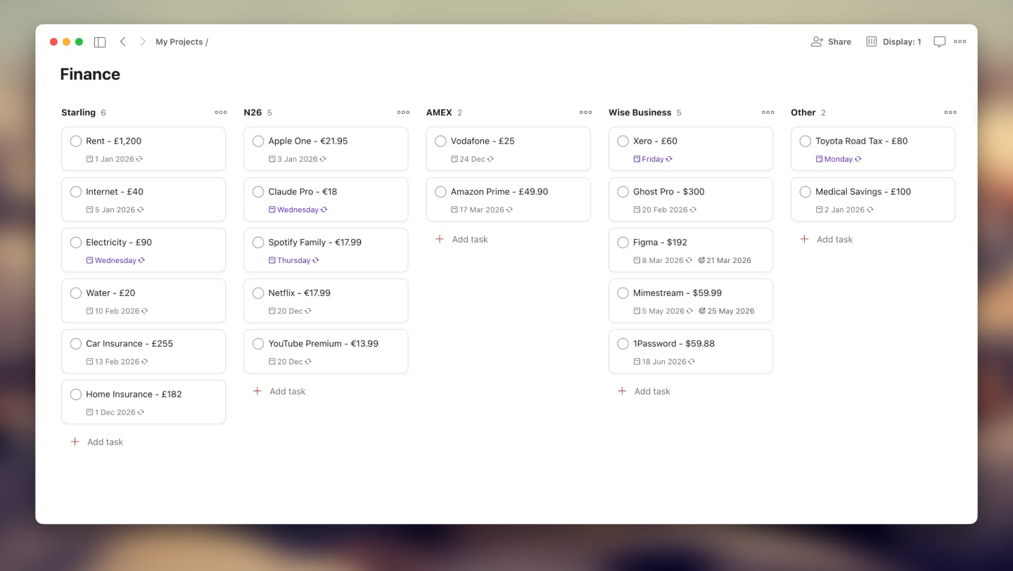 Todoist Finance project in board view with columns for different accounts