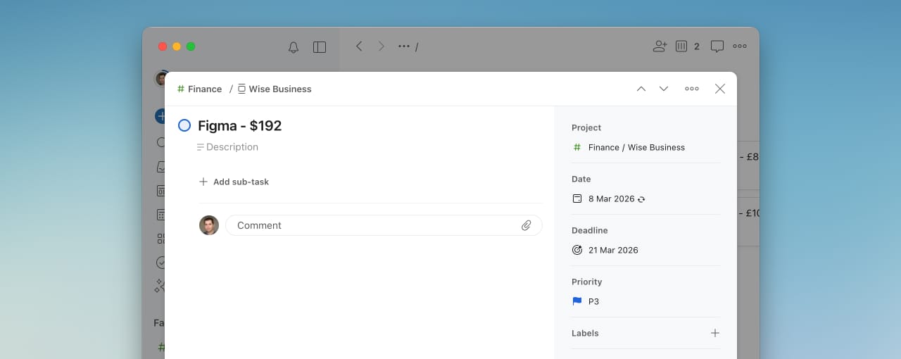Todoist task detail showing a subscription with a deadline set