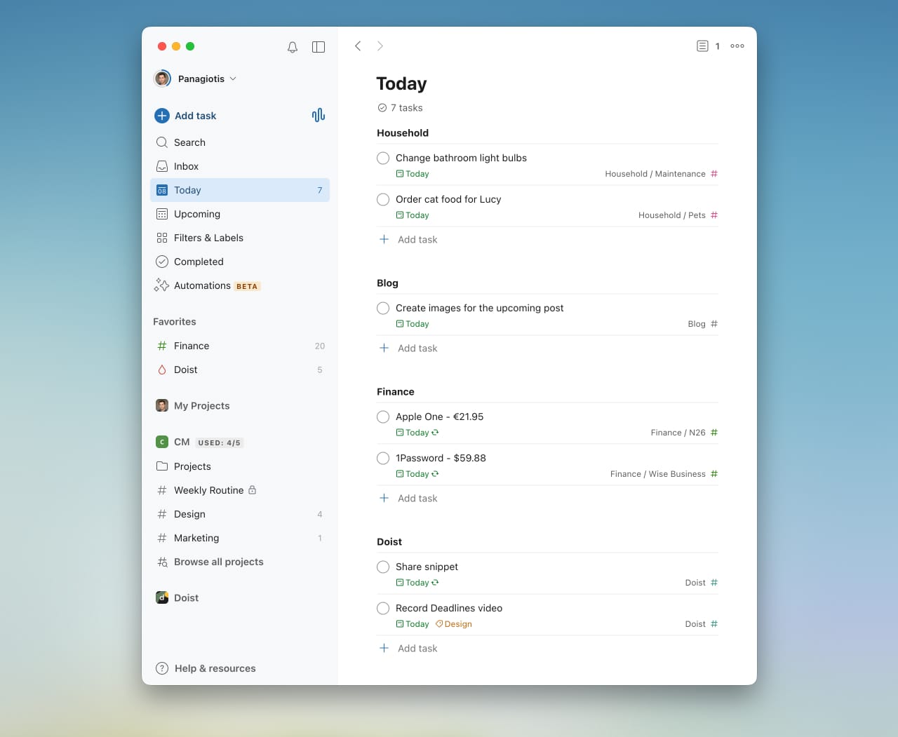 Todoist Today view showing finance tasks alongside daily to-dos