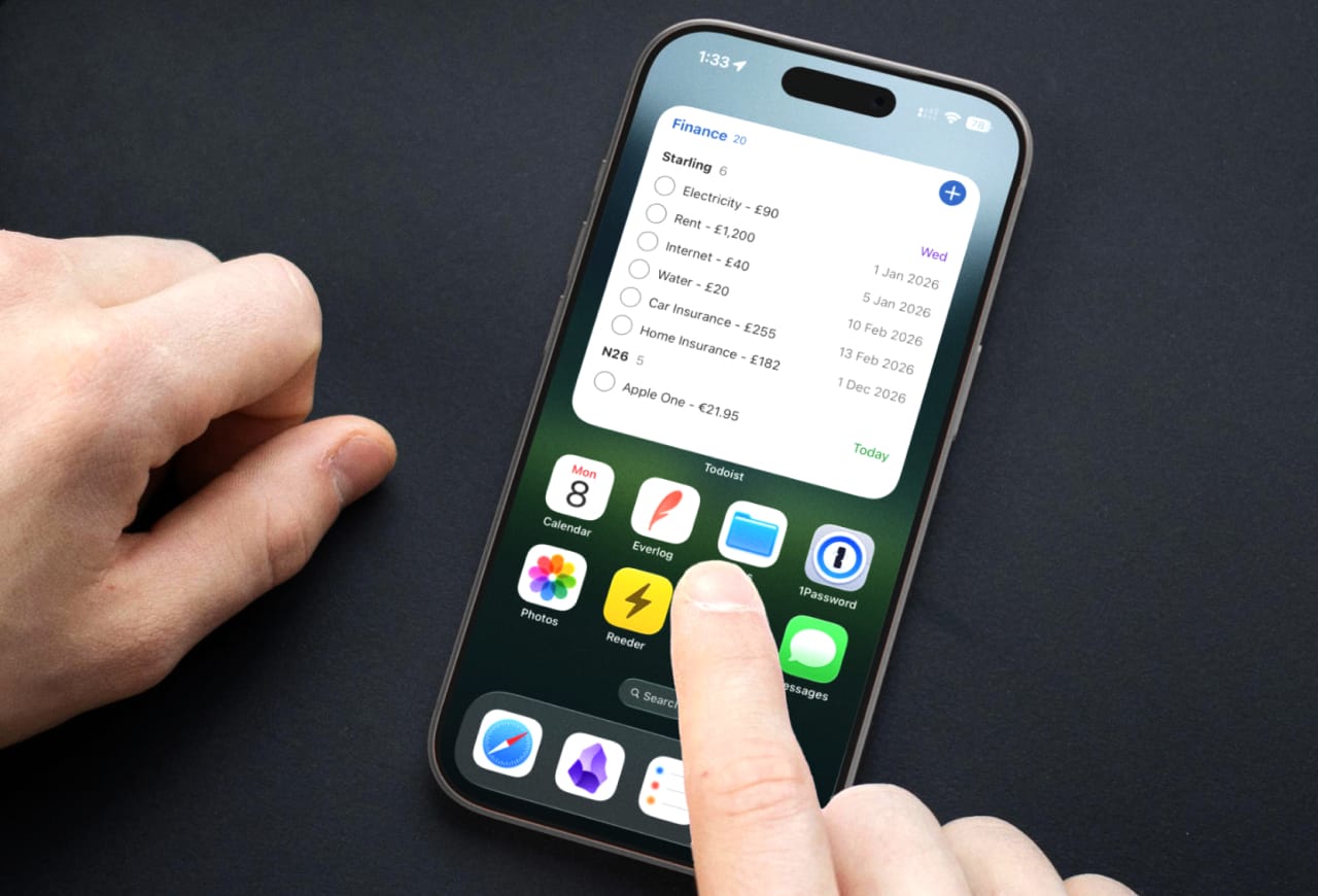 iPhone home screen with Todoist Finance widget showing upcoming bills