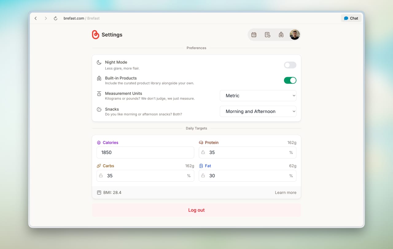 Brefast settings screen with daily macro targets for calories, protein, carbs and fat