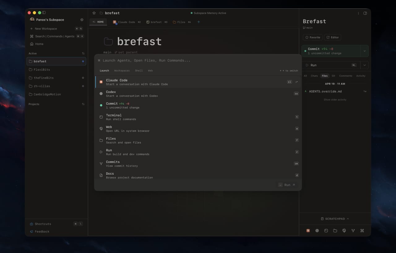 Subspace command palette showing agent and action shortcuts