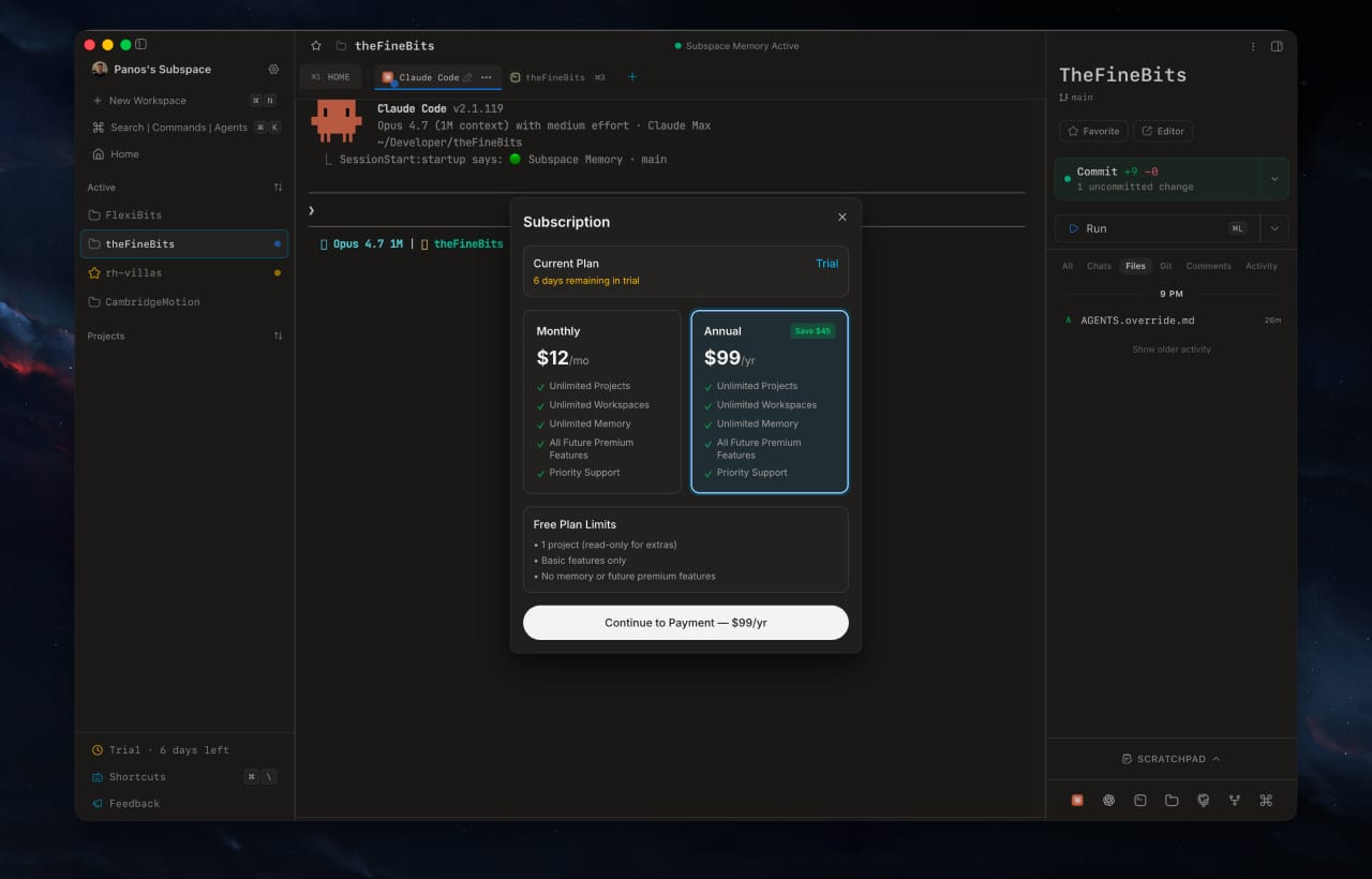 Subspace subscription panel showing Monthly, Annual, and Free plan options