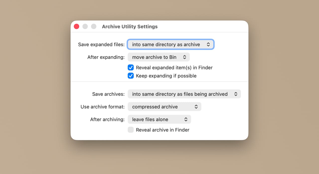 Archive Utility settings on macOS, with "After expanding" set to move archive to Bin