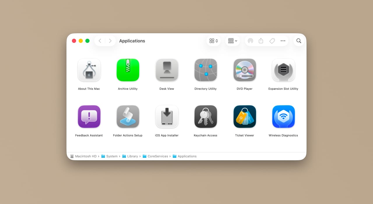 Finder window showing Archive Utility inside System > Library > CoreServices > Applications
