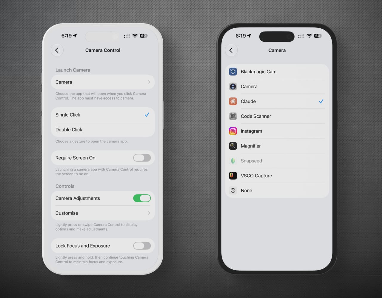 iPhone Camera Control settings in iOS 27 with Single Click selected and Require Screen On off, next to the Launch Camera app list with Claude selected